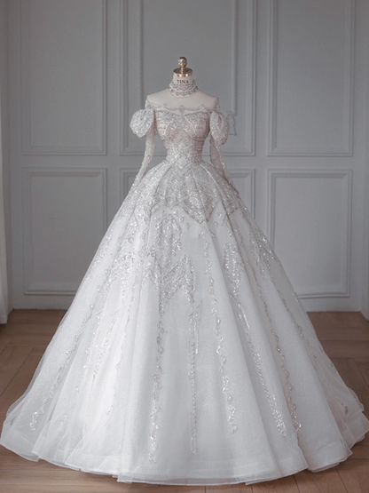 White one-shoulder diamond classic elegant waist slim fit puffy skirt bridal dress R6014