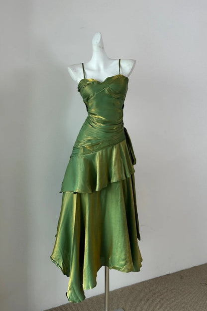 girlhomeshops-Fashionable And Unique Emerald Green Shiny Spaghetti - Strap Ruffled Midi Dress gh5843
