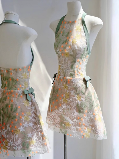 Vintage Fashion Floral Halter Dress Design A-line Party Dresses Homecoming Dresses, TP3842