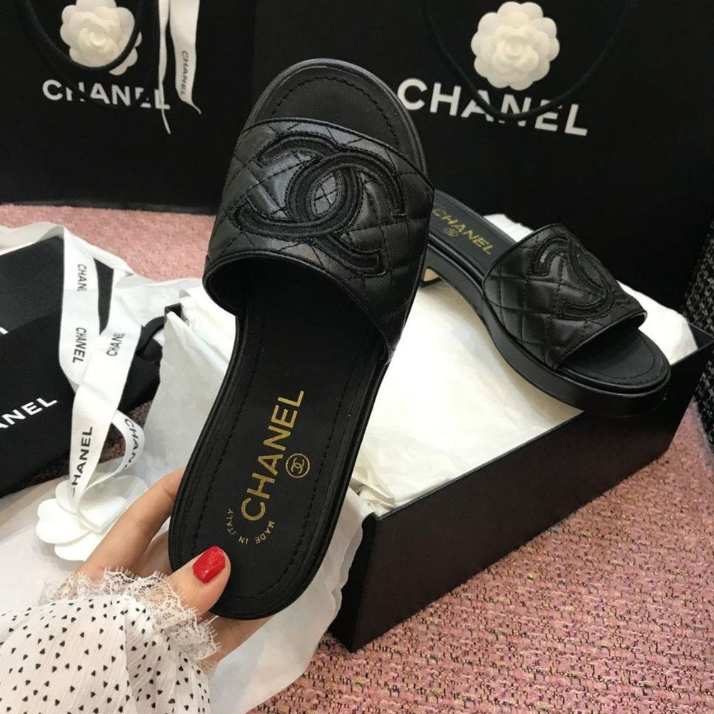 Chanel Quilted CC Logo Mules Black