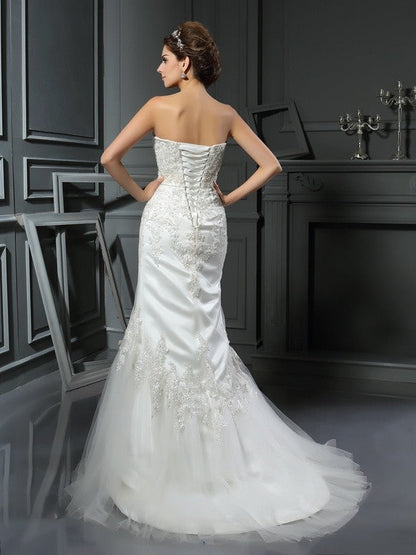 Trumpet/Mermaid Straps Applique Sleeveless Long Satin Wedding Dresses