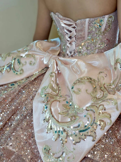 Elegant Pink Sequined Embroidery Sweetheart Strapless Quinceanera Ball Gown TP5242