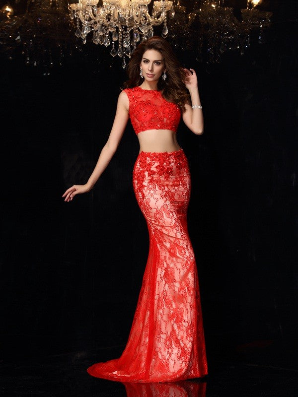Sheath/Column Scoop Lace Sleeveless Long Woven Satin Two Piece Dresses