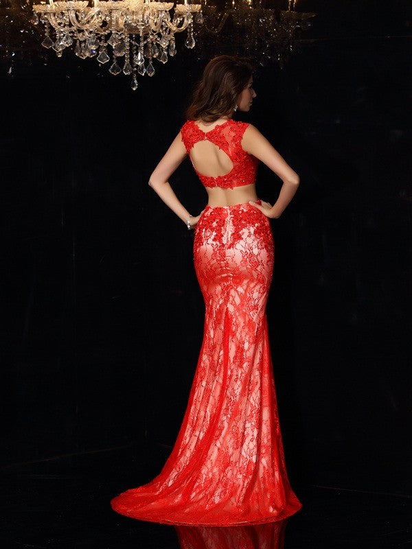 Sheath/Column Scoop Lace Sleeveless Long Woven Satin Two Piece Dresses
