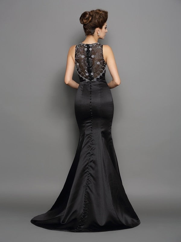 Trumpet/Mermaid Scoop Beading Sleeveless Long Satin Dresses