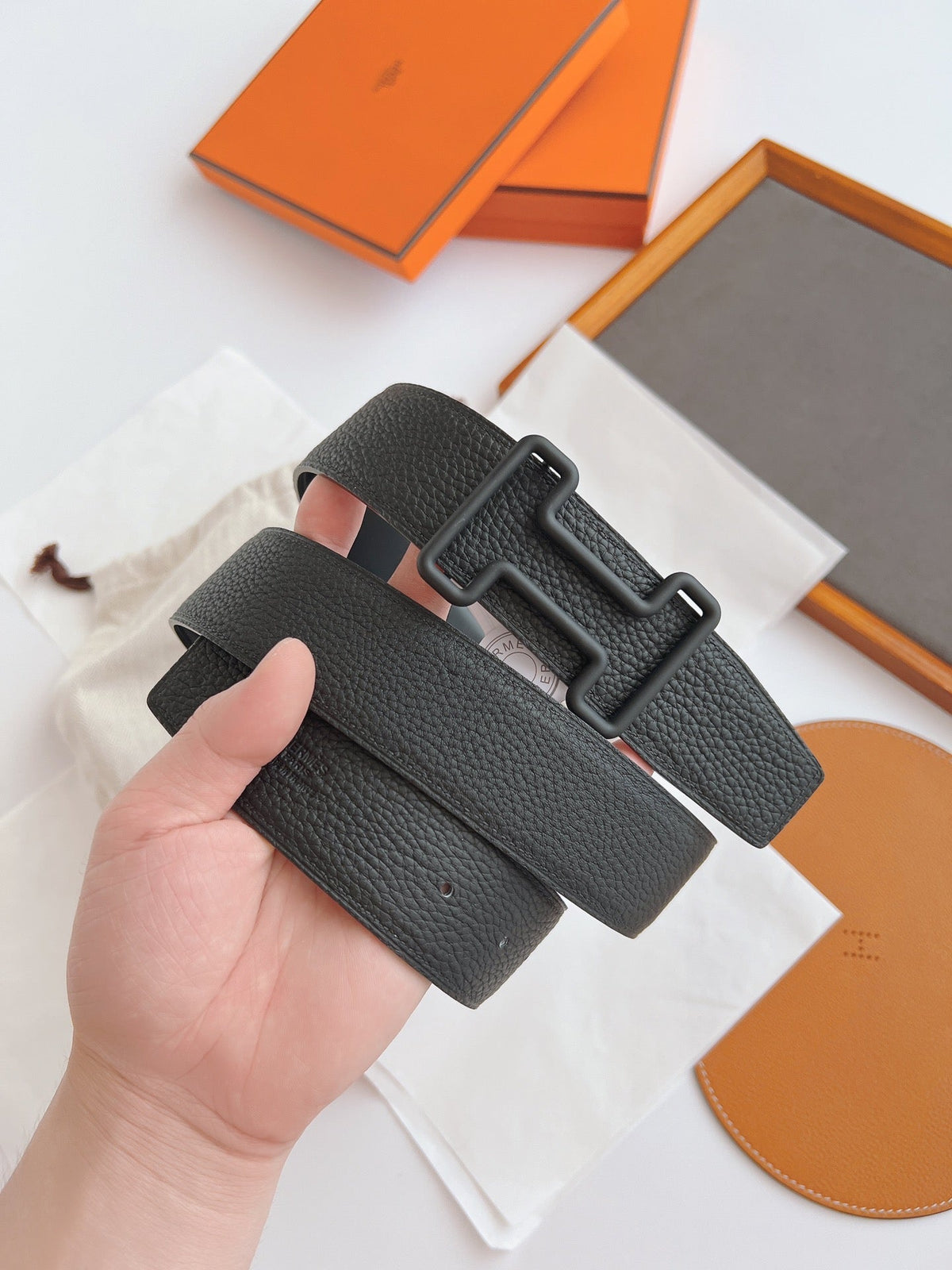 HERMES LEATHER BELT WITH H BUCKLE BLACK 38MM