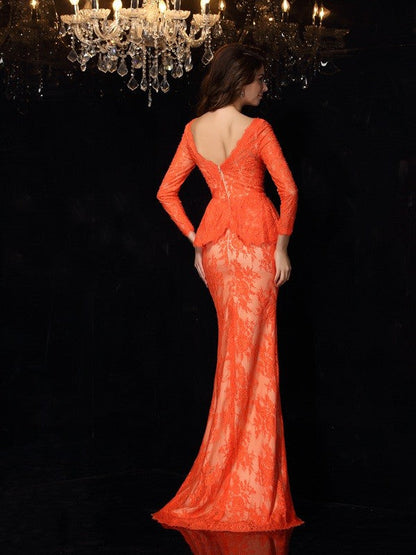 Sheath/Column V-neck Bowknot Long Sleeves Long Lace Dresses
