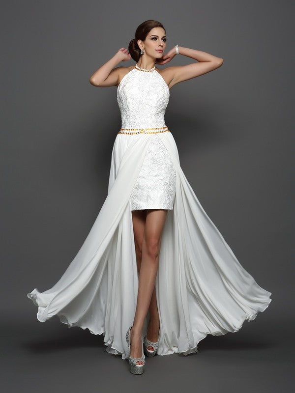 A-Line/Princess High Neck Lace Sleeveless Long Chiffon Wedding Dresses