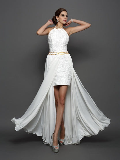 A-Line/Princess High Neck Lace Sleeveless Long Chiffon Wedding Dresses