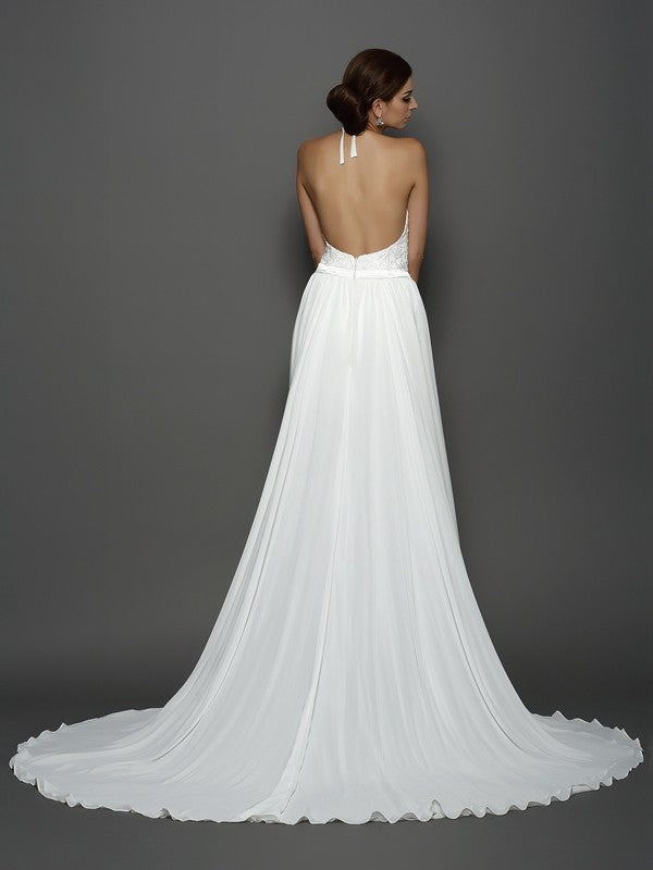 A-Line/Princess High Neck Lace Sleeveless Long Chiffon Wedding Dresses