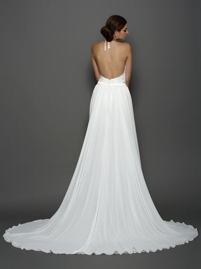 A-Line/Princess High Neck Lace Sleeveless Long Chiffon Wedding Dresses