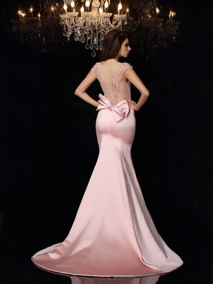 Trumpet/Mermaid Scoop Beading Sleeveless Long Satin Dresses