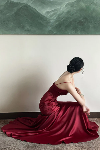 Vintage Burgundy Satin Spaghetti Strap Mermaid Evening Gown Ruched Sweetheart Prom Dress TP5843