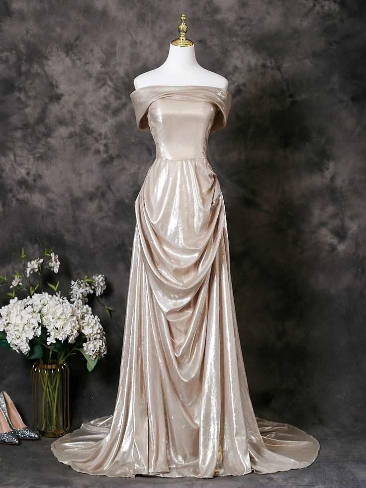 Glamorous Champagne Satin Off-Shoulder Sheath Draped Evening Gown TP5102