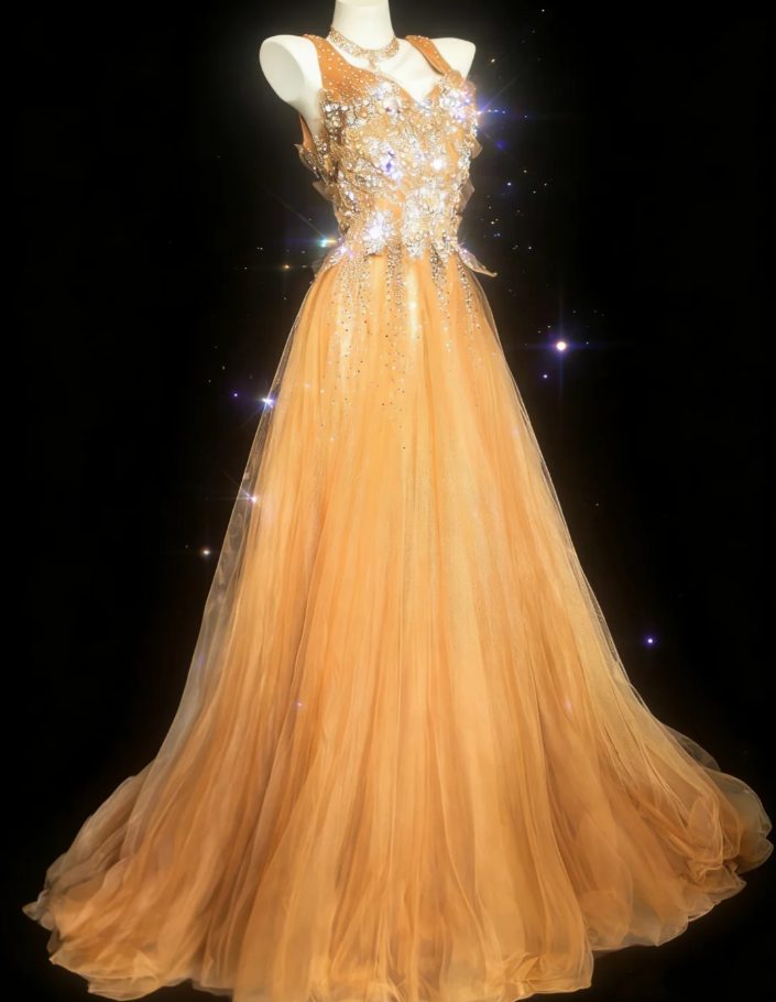 Elegant Yellow V Neck Tulle Beaded Mermaid Long Birthday Prom Dress Evening Gown SP1490