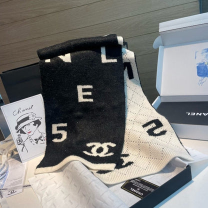 Chanel Logo Cashmere Muffler Black And White 170Cm