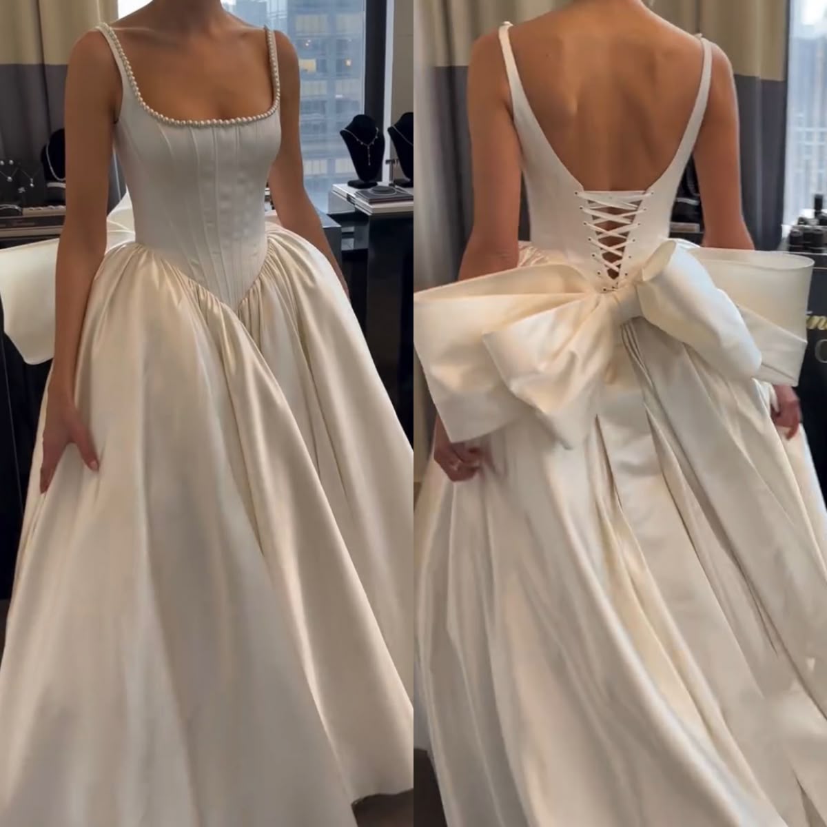 Pearl Square Neck Back Bow Satin Wedding Dress gh6399