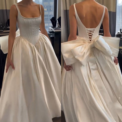 Pearl Square Neck Back Bow Satin Wedding Dress gh6399