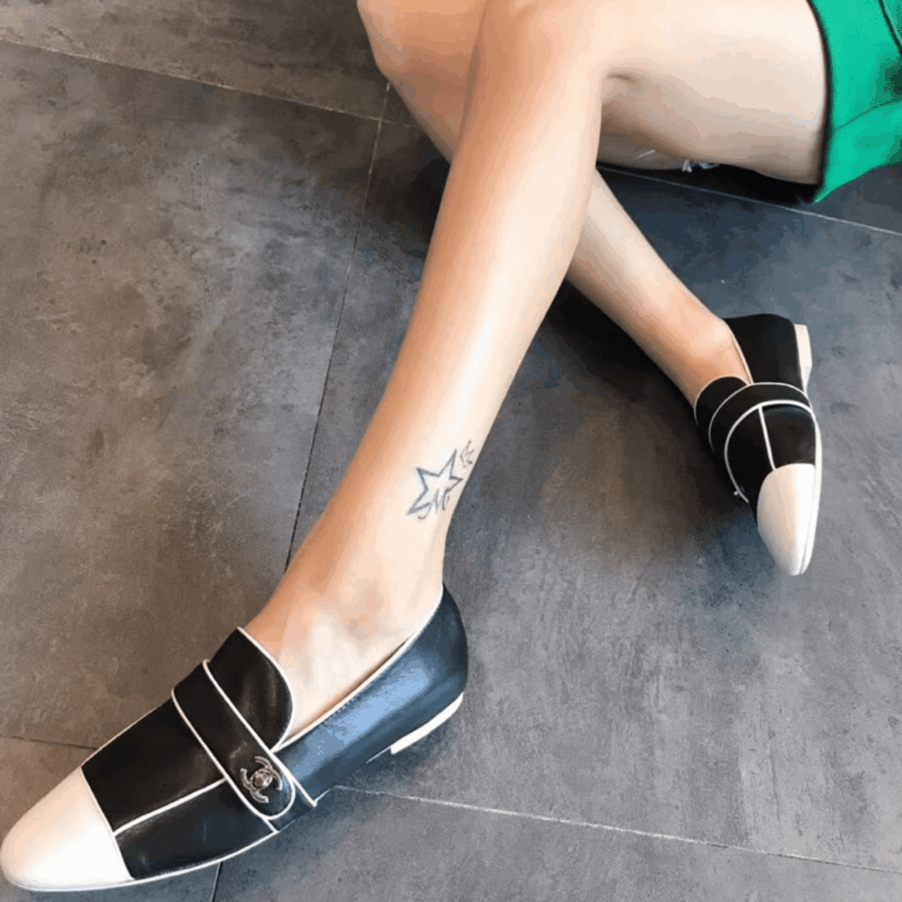 Chanel Leather CC Cap Toe Slip On Loafers Black