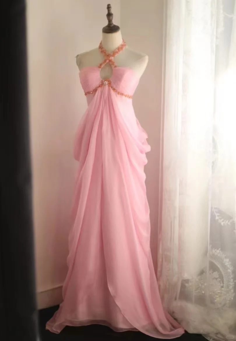 Elegant Pink Halter-Neck Evening Gown Beaded Trim & Flowing Chiffon Prom Dress TP5637