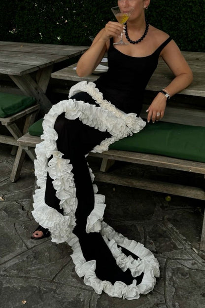 Vintage Luxury Trendy Style Spaghetti Strap Gown | Black-White Wave Ruffled Mermaid Maxi Dress for Gala Art Exhibition Luxury Social Event gh6441