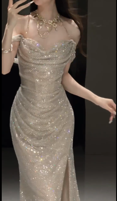 Elegant Glittering Sequined Off-Shoulder Sheath High Slit Shimmering Fabric Evening Gown TP5336