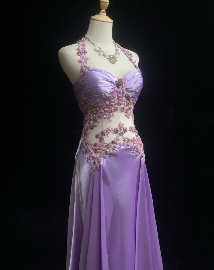 Pretty Halter Lavender Satin Beaded Mermaid Long Prom Dress Evening Dress SP1382