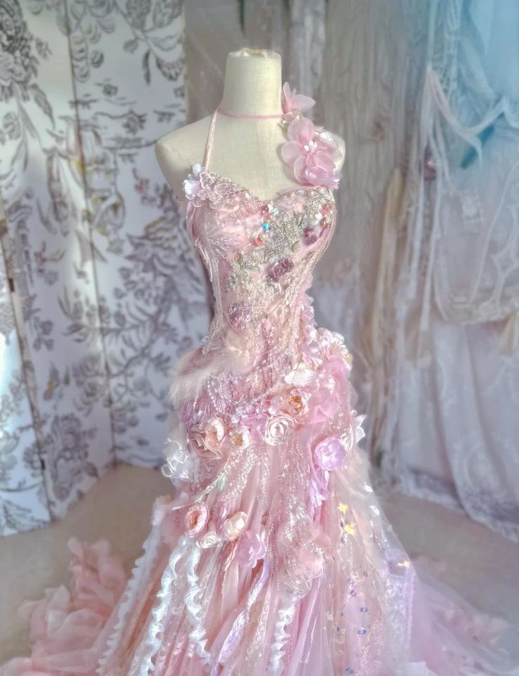 Vintage Pink Mermaid 3D Floral Tulle Fairy Dress Evening Gown TP5423