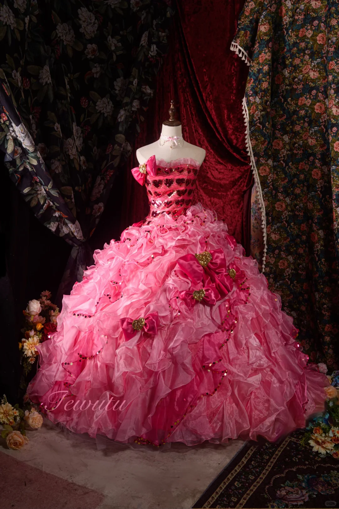Vintage Hot Pink Sequin Strapless Ball Gown Ruffled Layers Bow Embellishments Quinceañera Formal Dress TP5114