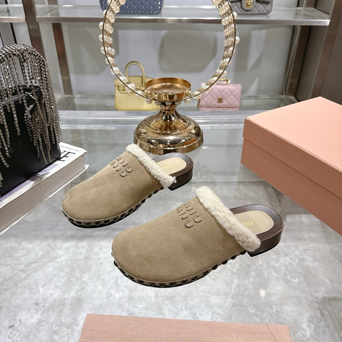MIUMIU SUEDE CLOGS BEIGE