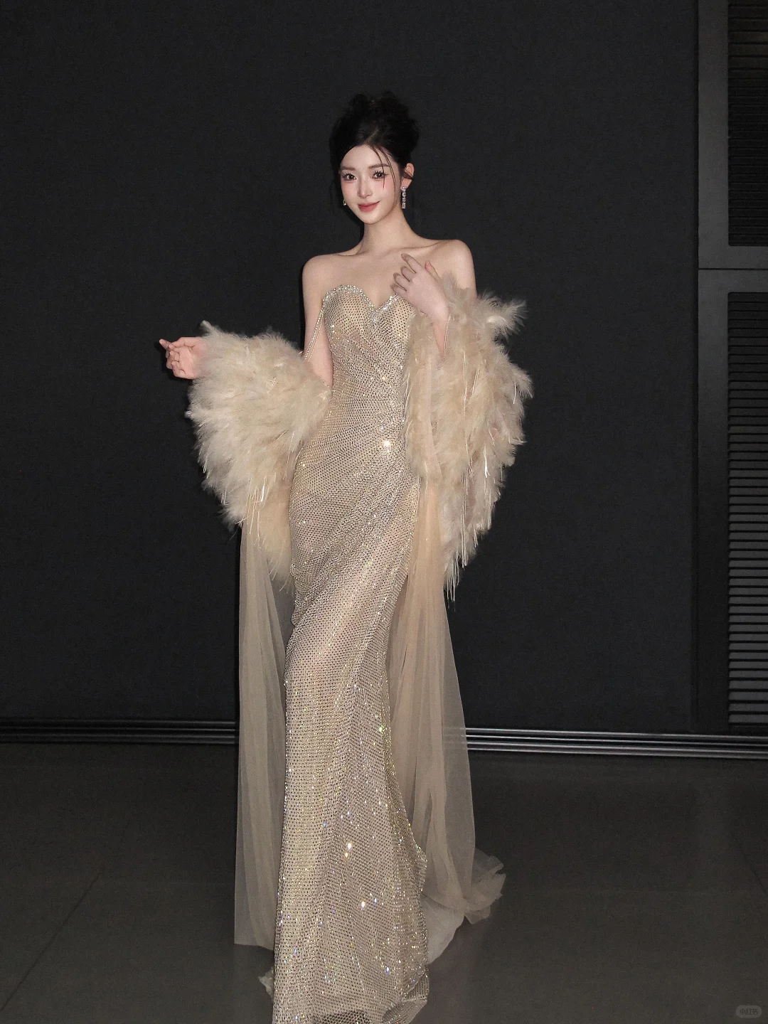Light Gold Strapless Sequin Waist-Cinched Fitted Long Elegant Evening Dress, Fairy Gown, Romantic Gown gh7373