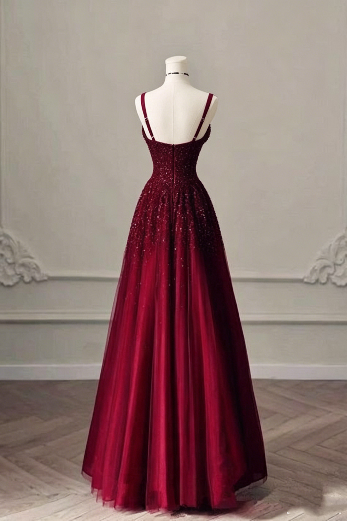 Vintage Burgundy Spaghetti Strap Sweetheart Beaded A-Line Long Prom Dress TP5880