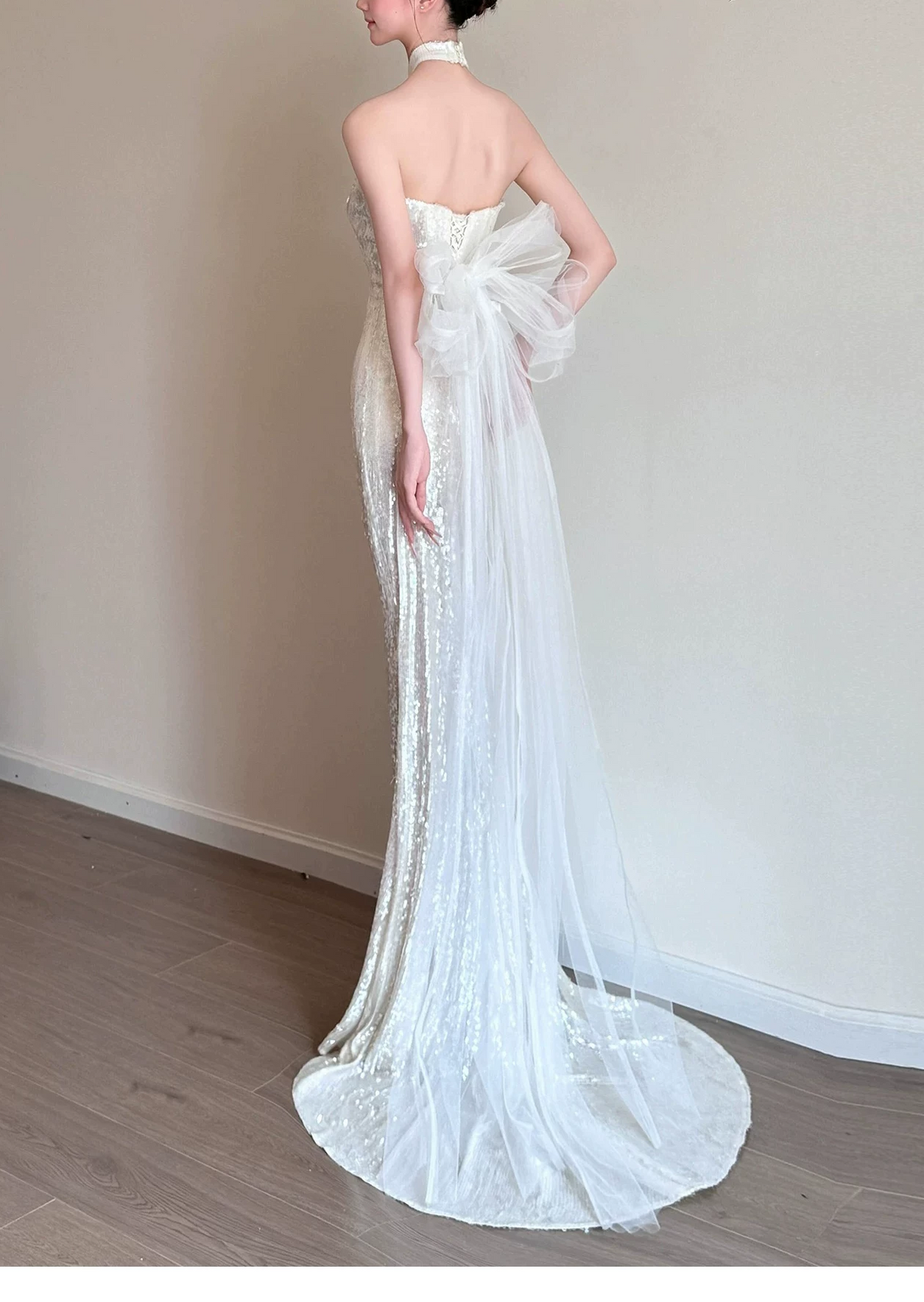 Glamorous White Sequined Halter-Neck Mermaid Prom Dress TP5874