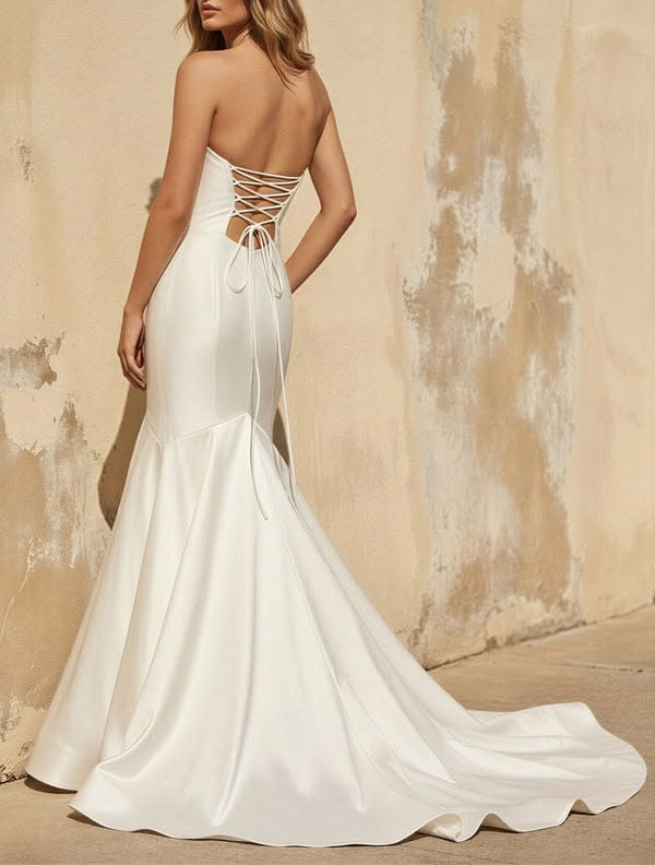 Elegant Strapless Corset Satin Mermaid Long Train Wedding Dress TP5930