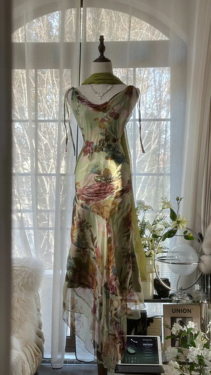 Elegant Green Fairy Gorgeous Floral Long Chiffon Spaghetti Strap Romantic Ball Gown Evening Dress Prom Dresses TP3968