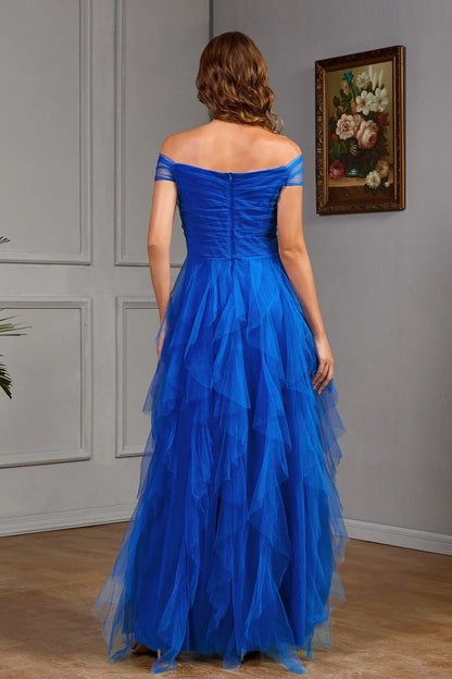 Elegant Off-Shoulder Royal Blue Tulle Prom Dress  Sweetheart Tiered Ruffle A-Line Formal Evening Gown TP5751