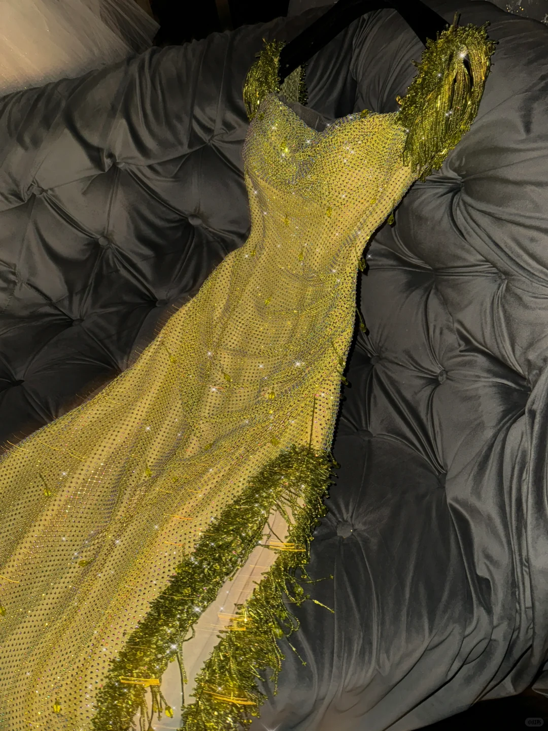 Glamorous Sunshine Yellow Sparkling Sequin Mesh Sheath Fringed Shoulder High Slit Evening Gown TP5401