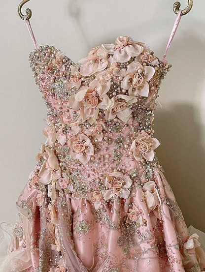 Glamorous Pink 3D Floral Strapless Beaded Sweetheart Ruffled Tulle Sweet 15 Quinceanera Ball Gown TP5491