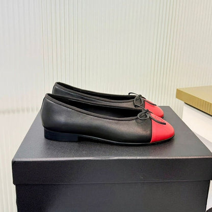 Chanel Crumpled Shiny Cap Toe CC Ballerina Flats Black Red