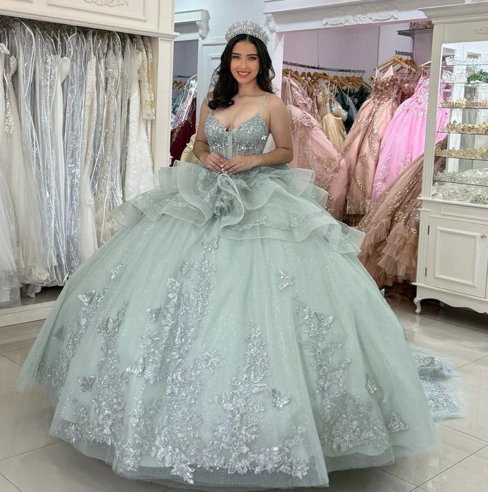 Elegant Sage Green Sweetheart Sequins Appliqued Detachable Strap Quinceanera Ball Gown TP5247