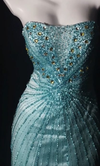 Light Blue Strapless Beaded Slim Fit Cinched Waist Sexy Floor Length Prom Dress, Evening Formal Gown gh7183