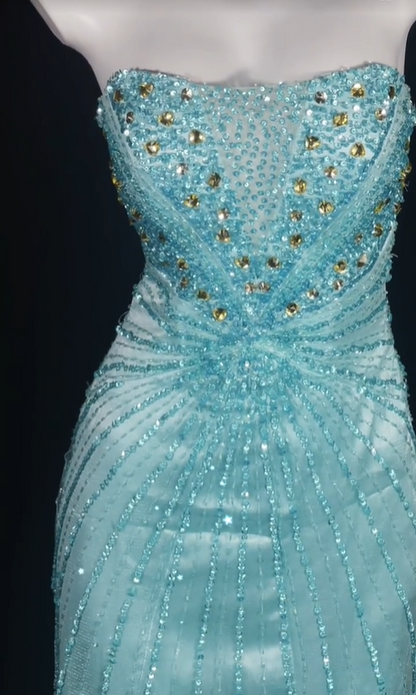 Light Blue Strapless Beaded Slim Fit Cinched Waist Sexy Floor Length Prom Dress, Evening Formal Gown gh7183
