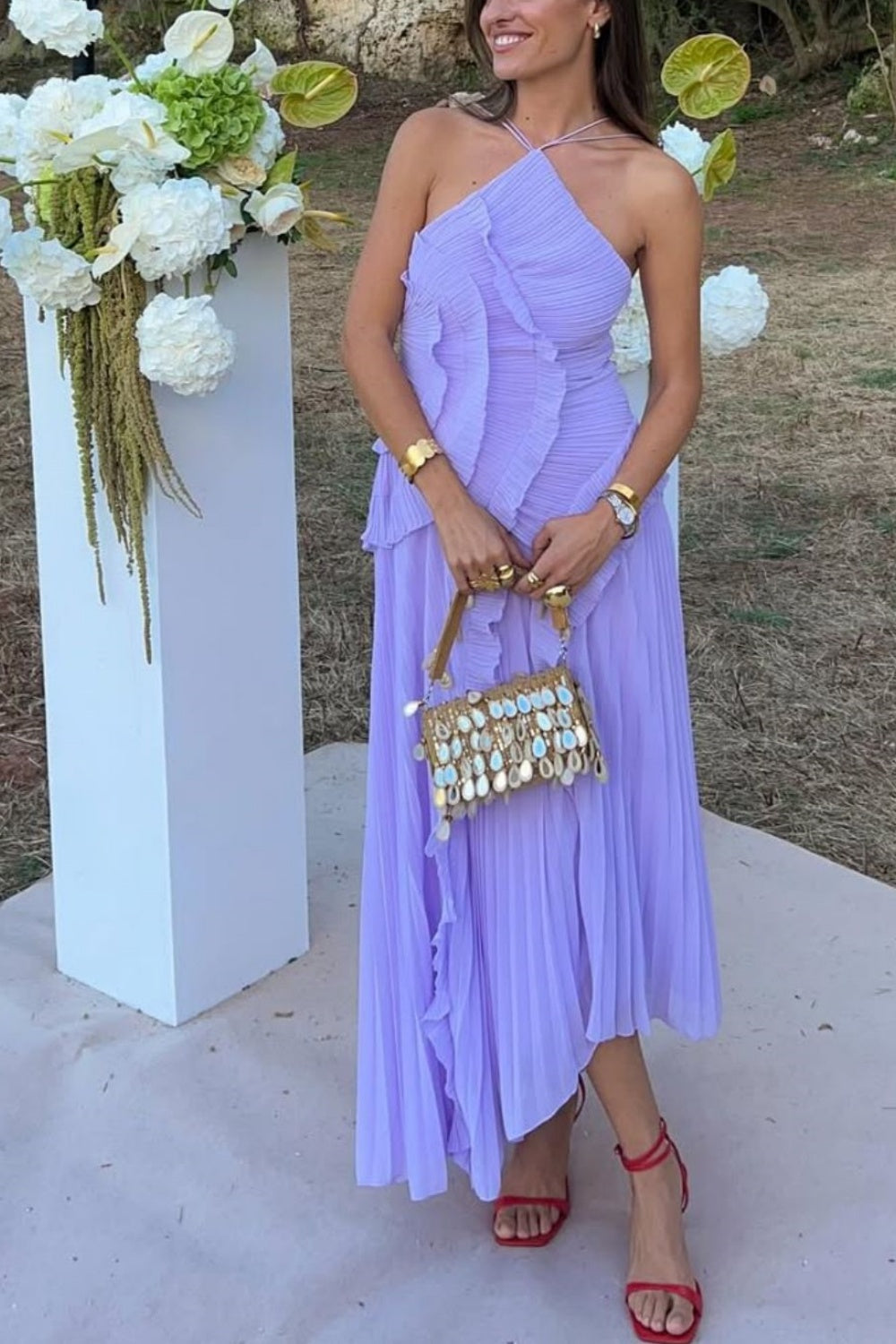 girlhomeshops-Light Purple Halter Neck Sleeveless Pleated Maxi Evening Dress with Ruffle Details  gh5820