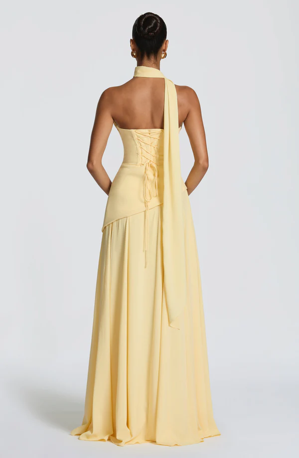 Vintage Pale Yellow Chiffon Cowl Neck Strapless A-Line Prom Dress TP5818