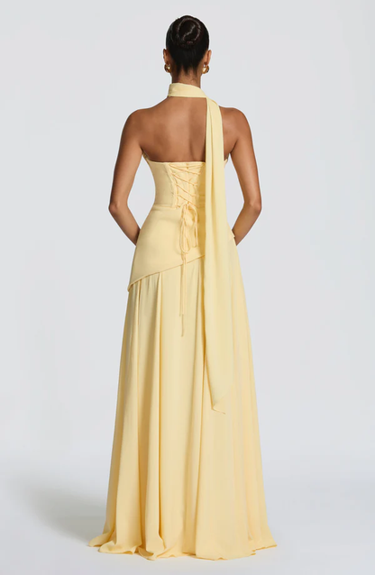 Vintage Pale Yellow Chiffon Cowl Neck Strapless A-Line Prom Dress TP5818