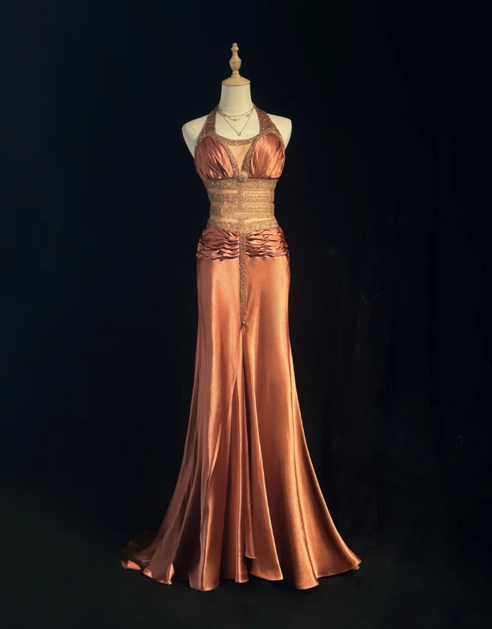 Vintage Halter Caramel Satin Beaded Mermaid Long Party Dress Formal Wedding Guest Dress SP1821