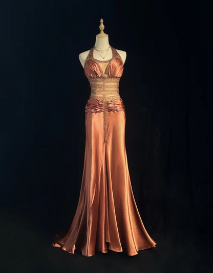 Vintage Halter Caramel Satin Beaded Mermaid Long Party Dress Formal Wedding Guest Dress SP1821