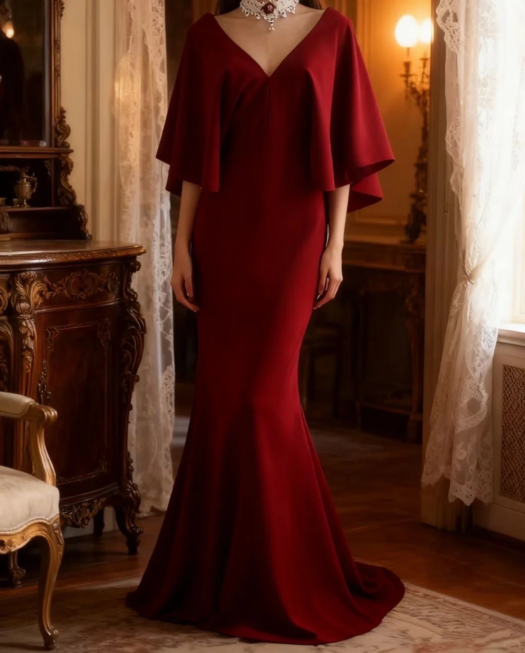 Vintage Burgundy V-Neck Mermaid Gown Cape Sleeves Prom Dress TP5649