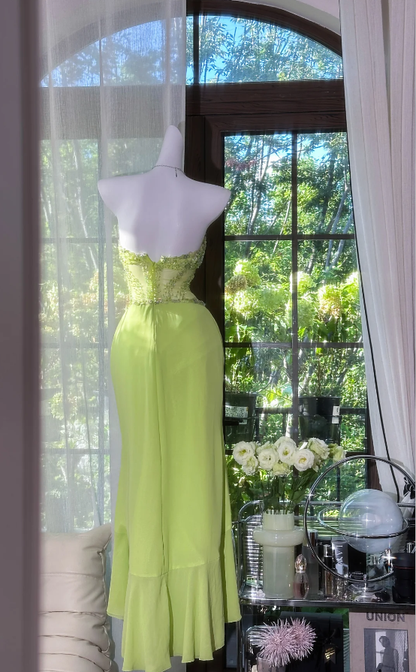 Classy Strapless Green Chiffon Beaded Ruffles Mermaid Evening Dress Long Wedding Guest Dress Party Gown