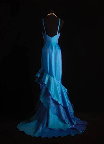 Unique Blue Green Strapless Satin Beaded Long Wedding Guest Dress Formal Birthday Party Dress Prom Gown
